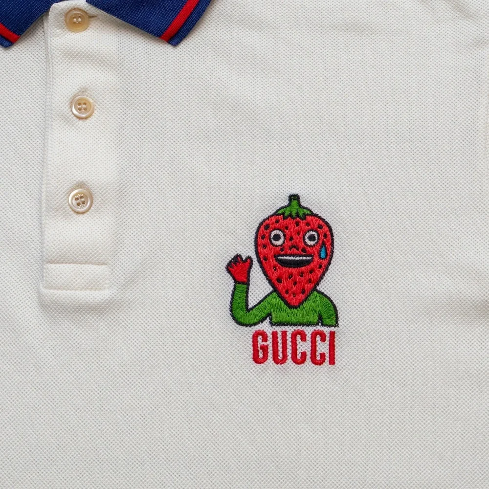 Gucci Mens Strawberry Embroidered Polo Shirt Off-White Cream Size S